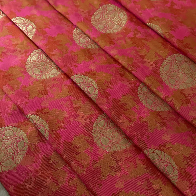 Strawberry Pink and Dull Gold shaded Banarasi Brocade with Gold Butas